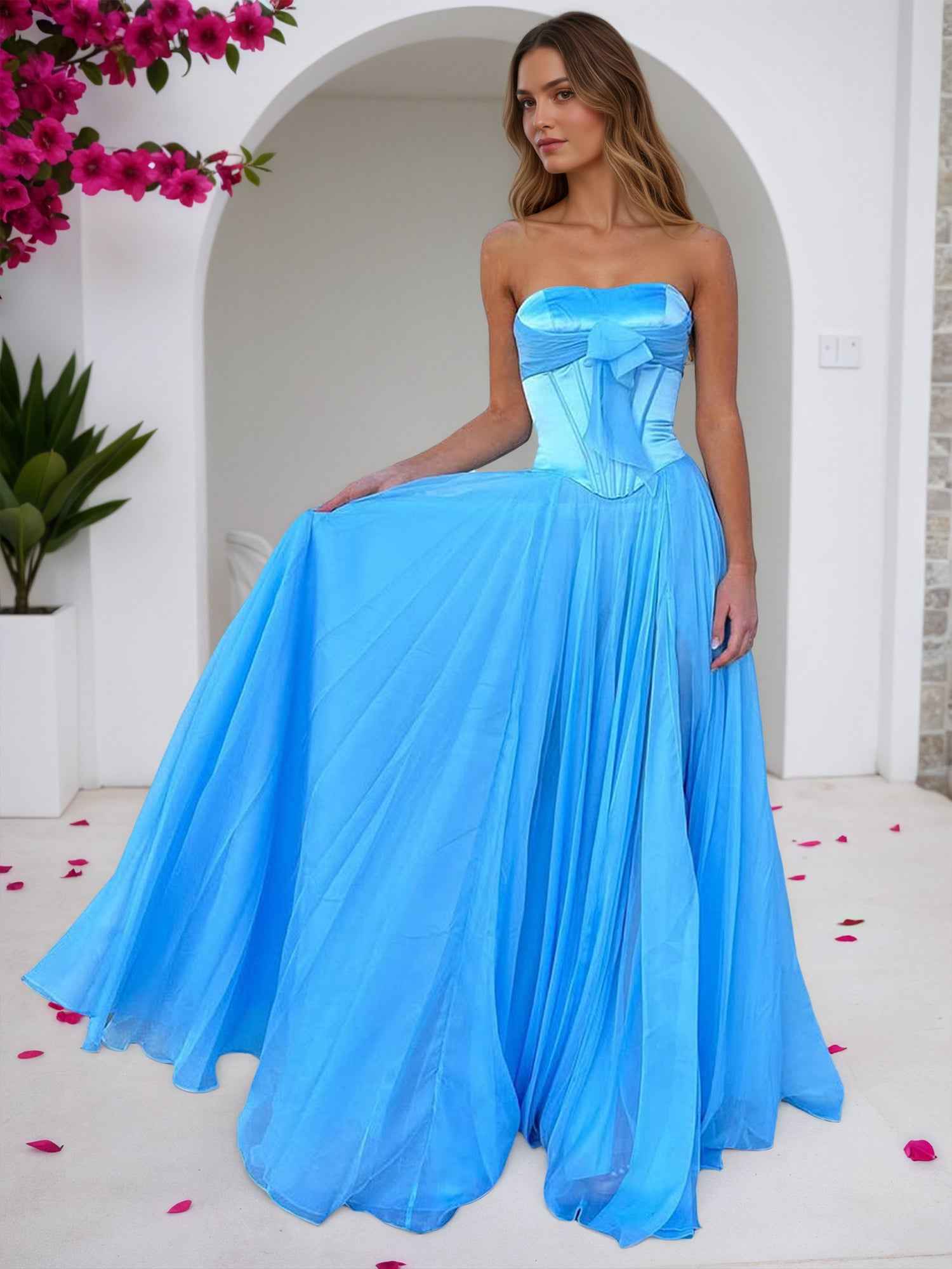 Sky Blue Strapless A-Line Corset Bodice Prom Dress with Bow