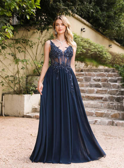 A-line Spaghetti Straps Pleated Chiffon Floor Length Dress with Appliques-BMbridal