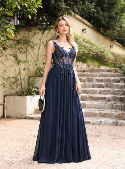 A-line Spaghetti Straps Pleated Chiffon Floor Length Dress with Appliques-BMbridal