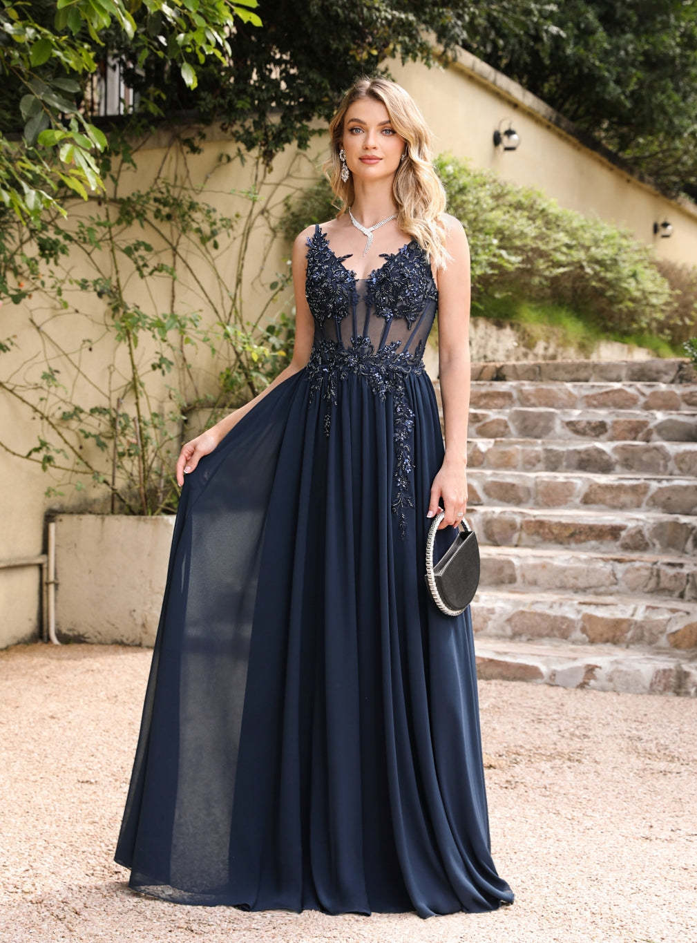 A-line Spaghetti Straps Pleated Chiffon Floor Length Dress with Appliques-BMbridal