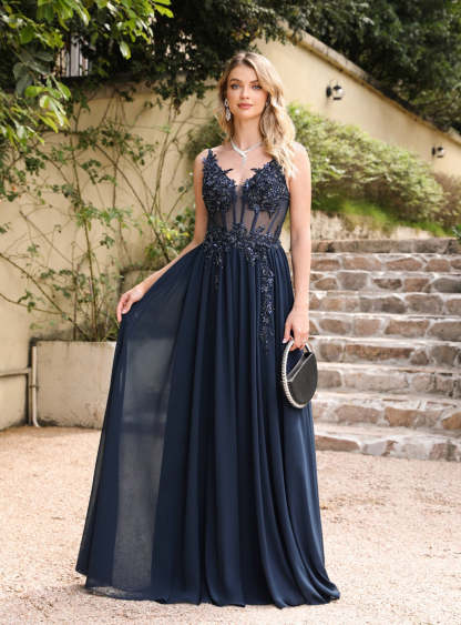 A-line Spaghetti Straps Pleated Chiffon Floor Length Dress with Appliques-BMbridal