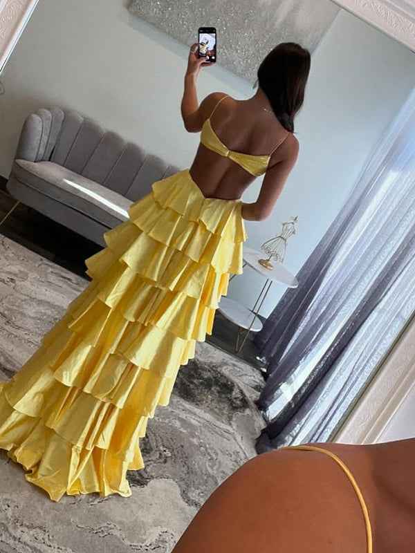 Yellow Spaghetti Straps V-Neck Layered Satin Prom Dress with Slit
