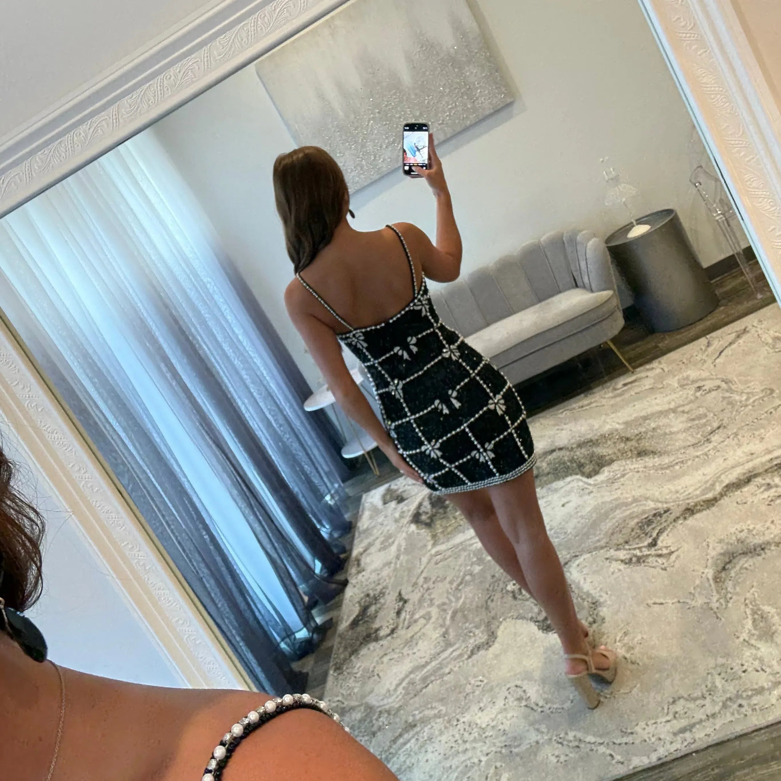 Spaghetti Strap Scoop Neck Pearl Grid Bow Bodycon Homecoming Dress Open Back Sequin Mini