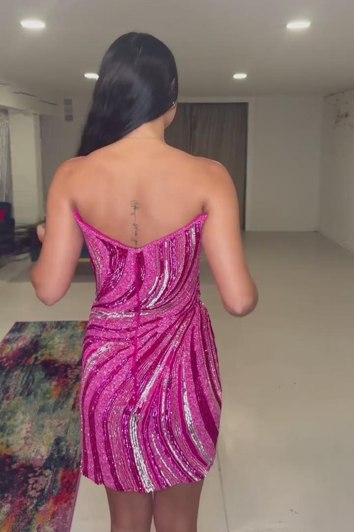 Spaghetti Strap Sequin Swirl Homecoming Dress Deep V Sweetheart Ruched Bodycon Mini
