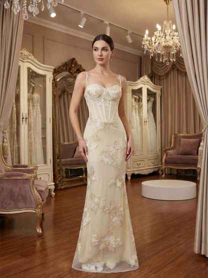 Spaghetti Straps Floral Embroidered Corset Mermaid Long Prom Dress