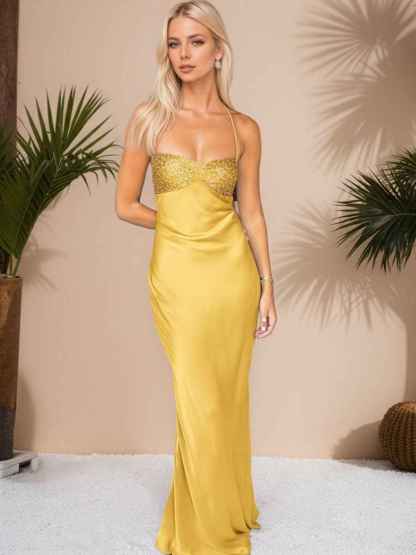 Spaghetti Straps Lace Up Satin Long Prom Dress