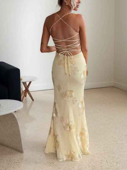 Spaghetti Straps Floral Embroidered Corset Mermaid Long Prom Dress