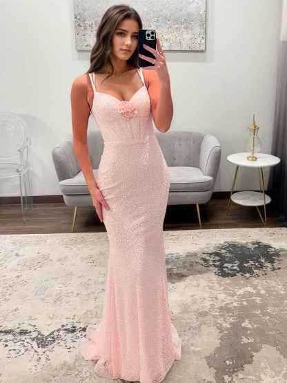 Spaghetti Straps Mermaid Beaded Corset Long Prom Dress