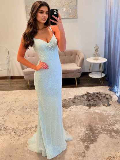 Spaghetti Straps Mermaid Beaded Corset Long Prom Dress