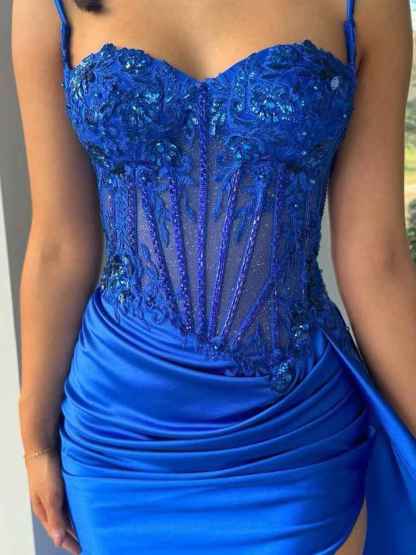 Spaghetti Straps Sweetheart Appliques Pleated Prom Dress with Slit