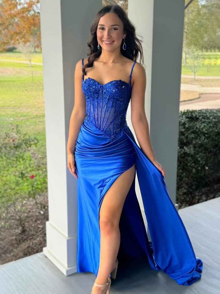 Spaghetti Straps Sweetheart Appliques Pleated Prom Dress with Slit