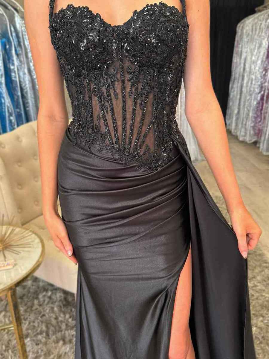 Spaghetti Straps Sweetheart Appliques Pleated Prom Dress with Slit