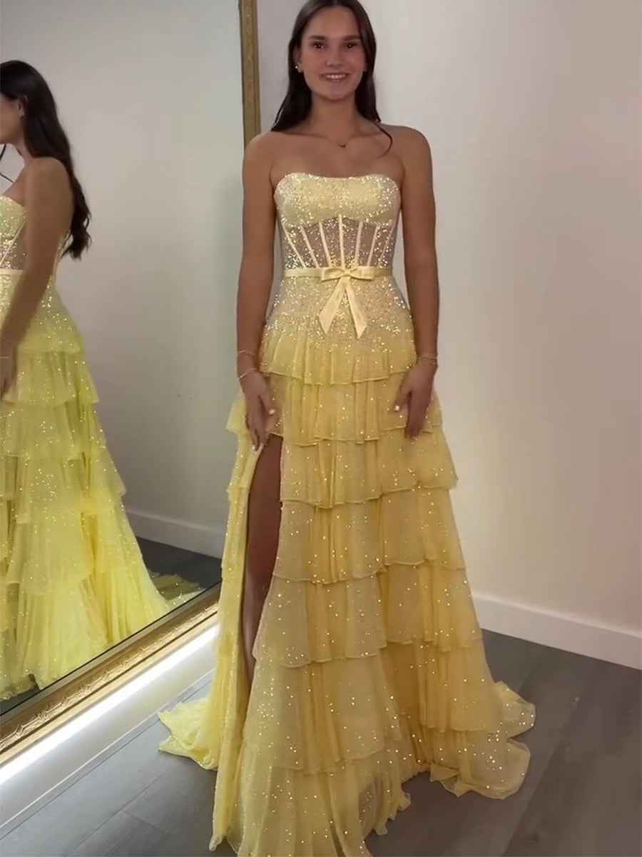 Sparkling Lilac Strapless Tiered Ruffle Corset Prom Dress with Slit