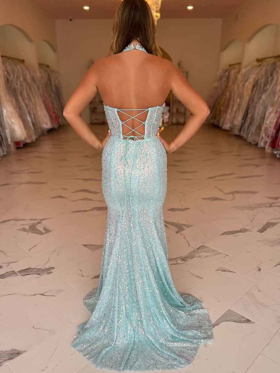 Sparkling Aqua Blue Crystal Halter Mermaid Long Prom Dress