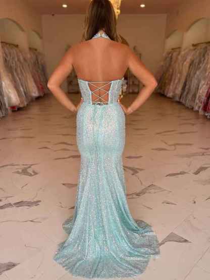 Sparkling Aqua Blue Crystal Halter Mermaid Long Prom Dress