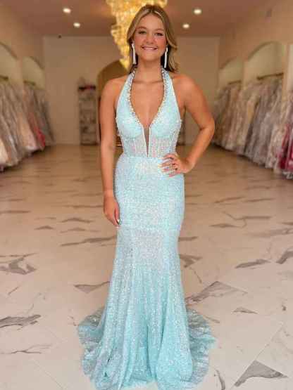 Sparkling Aqua Blue Crystal Halter Mermaid Long Prom Dress