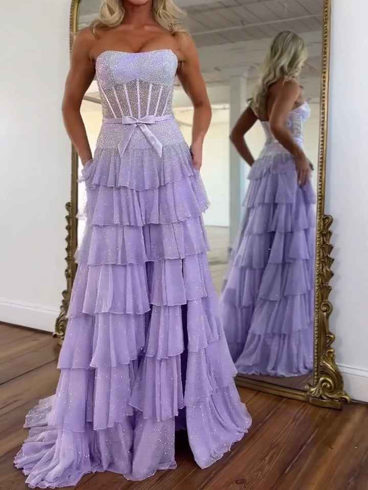 Sparkling Lilac Strapless Tiered Ruffle Corset Prom Dress with Slit