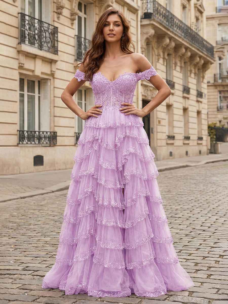 Sparkling Royal Blue Off The Shoulder Tiered Ruffle Corset Prom Dress with Slit