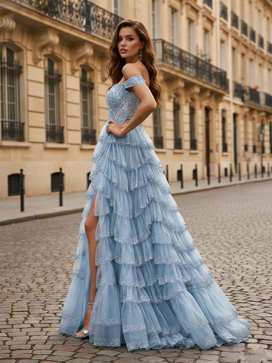 Sparkling Royal Blue Off The Shoulder Tiered Ruffle Corset Prom Dress with Slit