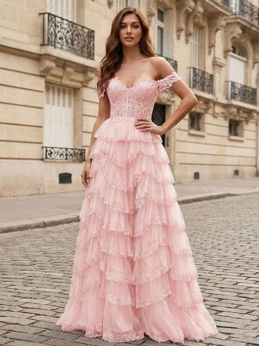 Sparkling Royal Blue Off The Shoulder Tiered Ruffle Corset Prom Dress with Slit