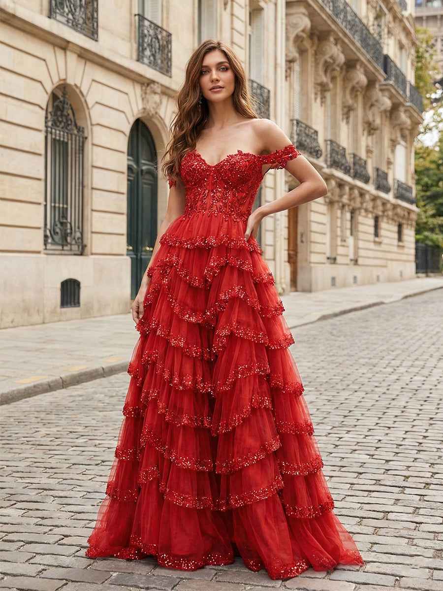 Sparkling Royal Blue Off The Shoulder Tiered Ruffle Corset Prom Dress with Slit