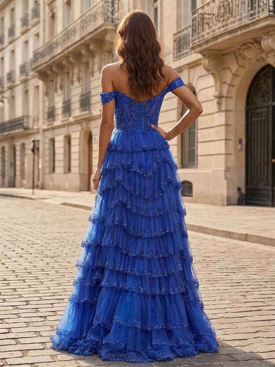 Sparkling Royal Blue Off The Shoulder Tiered Ruffle Corset Prom Dress with Slit