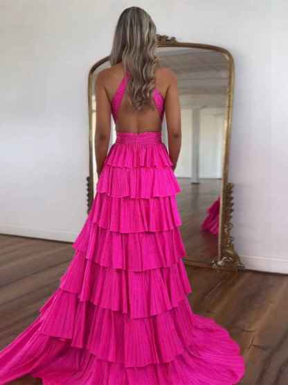 Sparkly A Line Tiered Beaded Corset Long Prom Dress with Slit