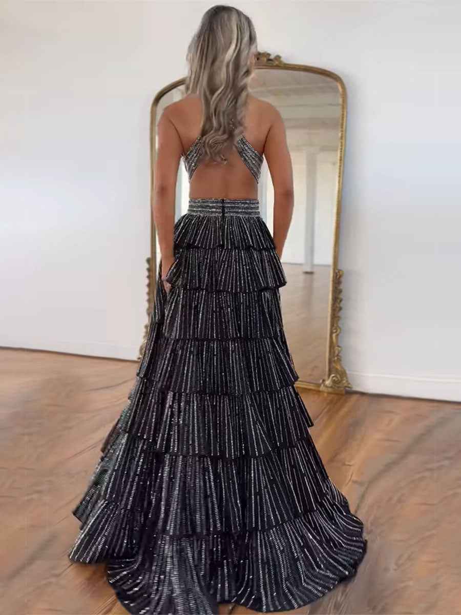 Sparkly A Line Tiered Beaded Corset Long Prom Dress with Slit