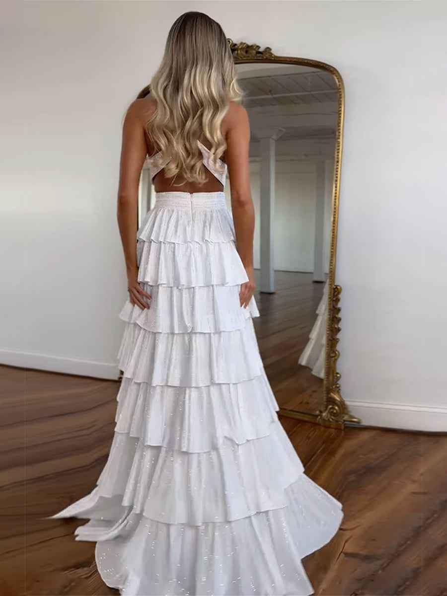 Sparkly A Line Tiered Beaded Corset Long Prom Dress with Slit