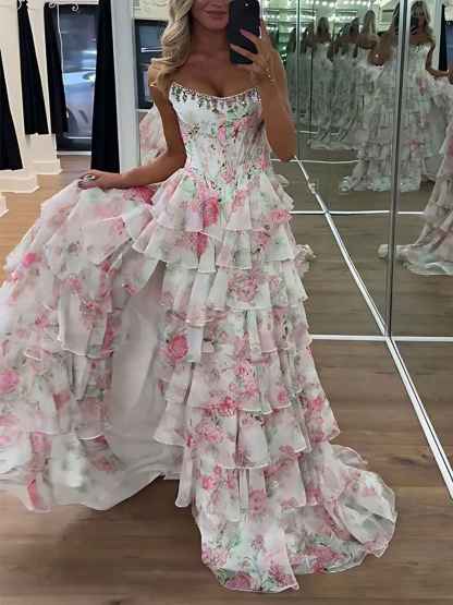 Sparkly Blue Floral Corset Ruffled Long Prom Dress with Slit
