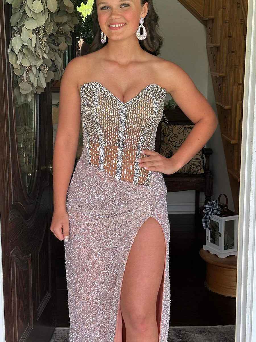 Strapless Sweetheart Sequins Bodycon Long Prom Dress with Beading