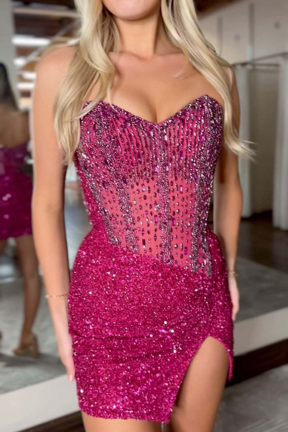 Champagne Strapless Tight Sequins Short Corset Homecoming Dress with Rhinestones