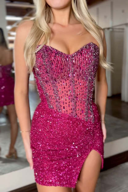 Champagne Strapless Tight Sequins Short Corset Homecoming Dress with Rhinestones