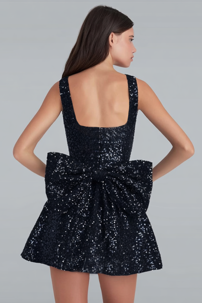 Sparkly Blush Pink A Line Square Neck Short Homecoming Dress with Bow