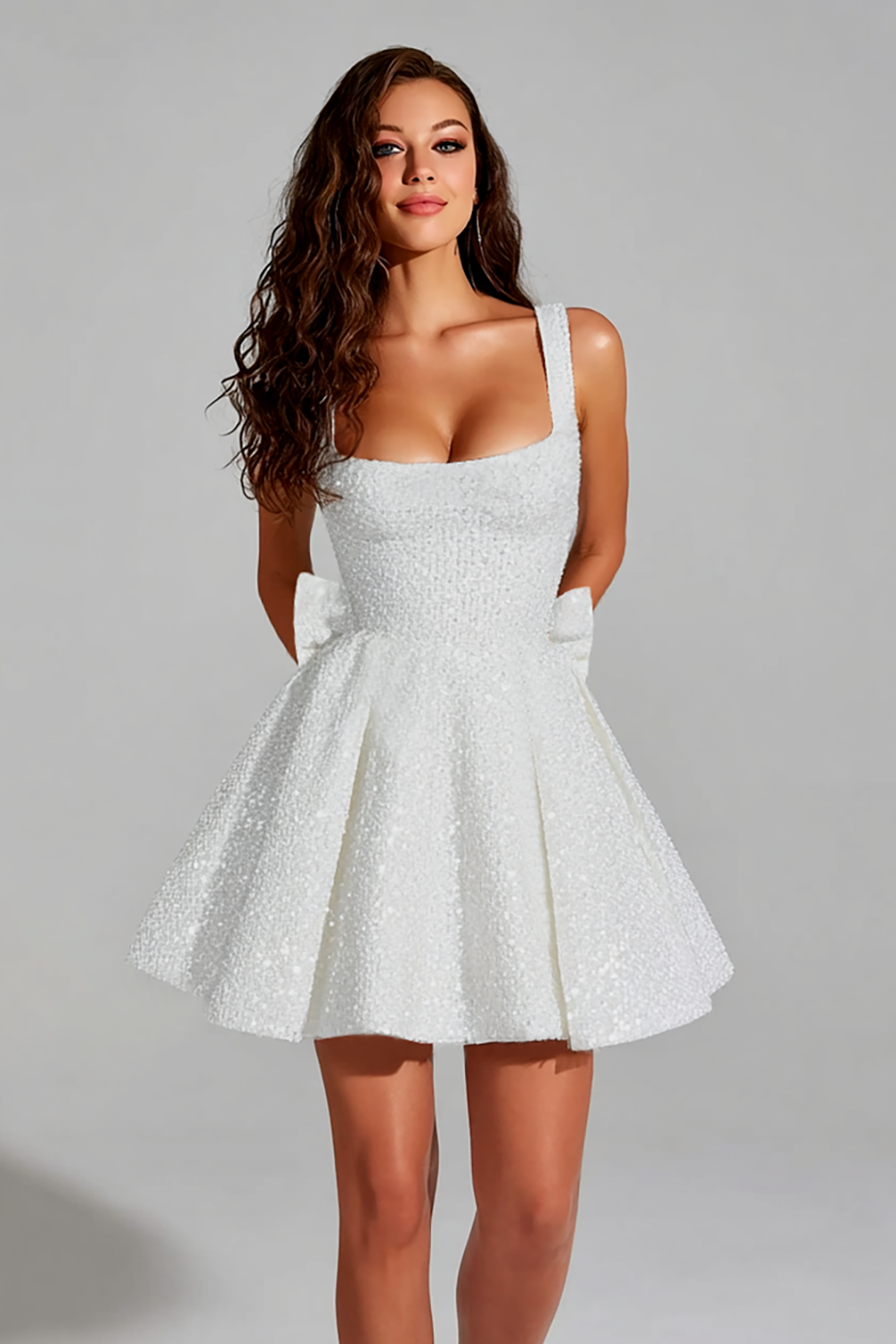 Sparkly Blush Pink A Line Square Neck Short Homecoming Dress with Bow