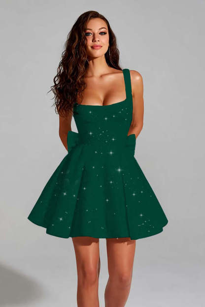 Sparkly Blush Pink A Line Square Neck Short Homecoming Dress with Bow