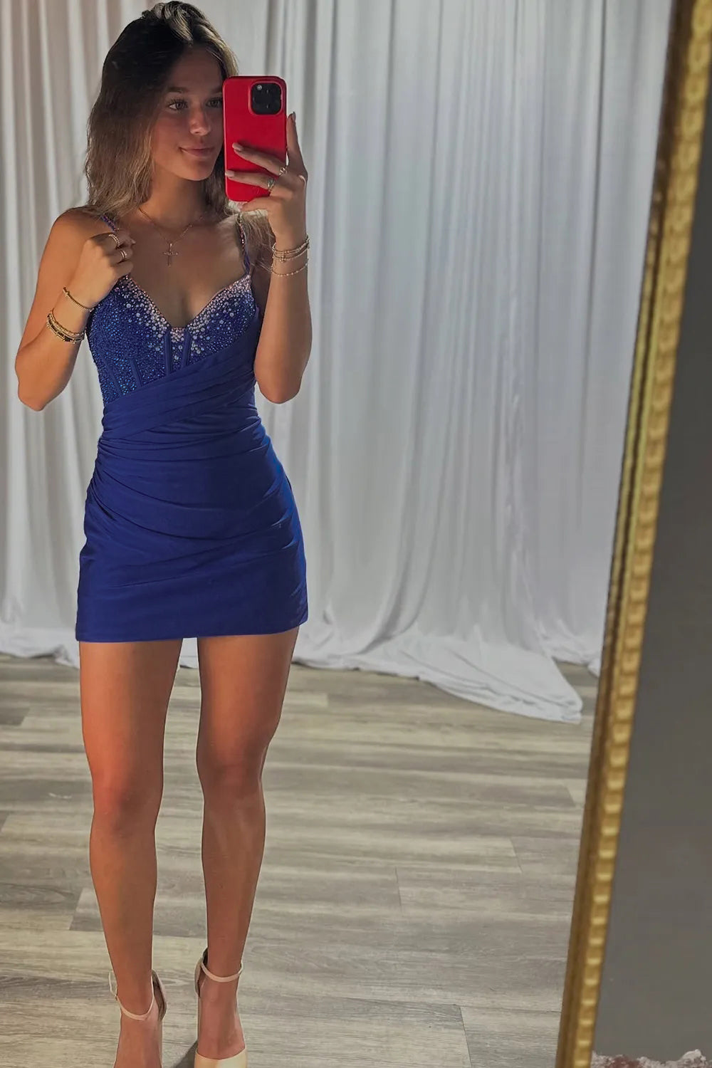 Sparkly Royal Blue Bodycon V Neck Short Corset Homecoming Dress with Beading