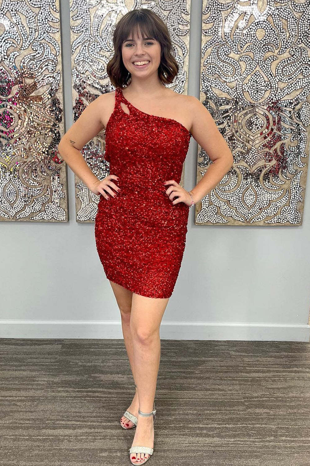 Sparkly Bodycon One Shoulder Dark Purple Sequins Short Homecoming Dress with Keyhole