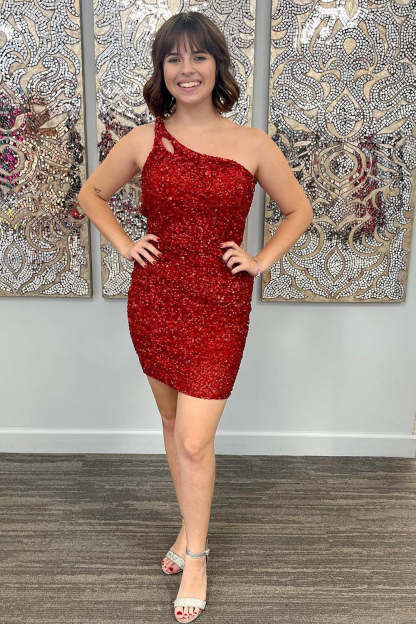 Sparkly Bodycon One Shoulder Dark Purple Sequins Short Homecoming Dress with Keyhole