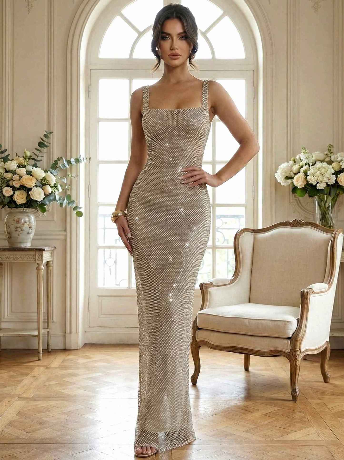 Sparkly Champagne Crystal Mesh Square Neck Long Prom Dress
