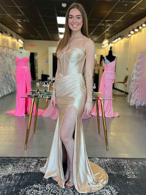 Sparkly Champagne Spaghetti Straps Corset Long Satin Prom Dress with Slit