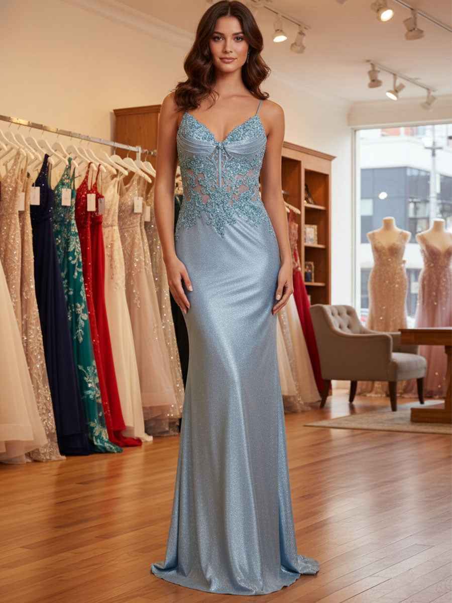 Sparkly Corset Long Prom Dress with Asymmetrical Applique|s