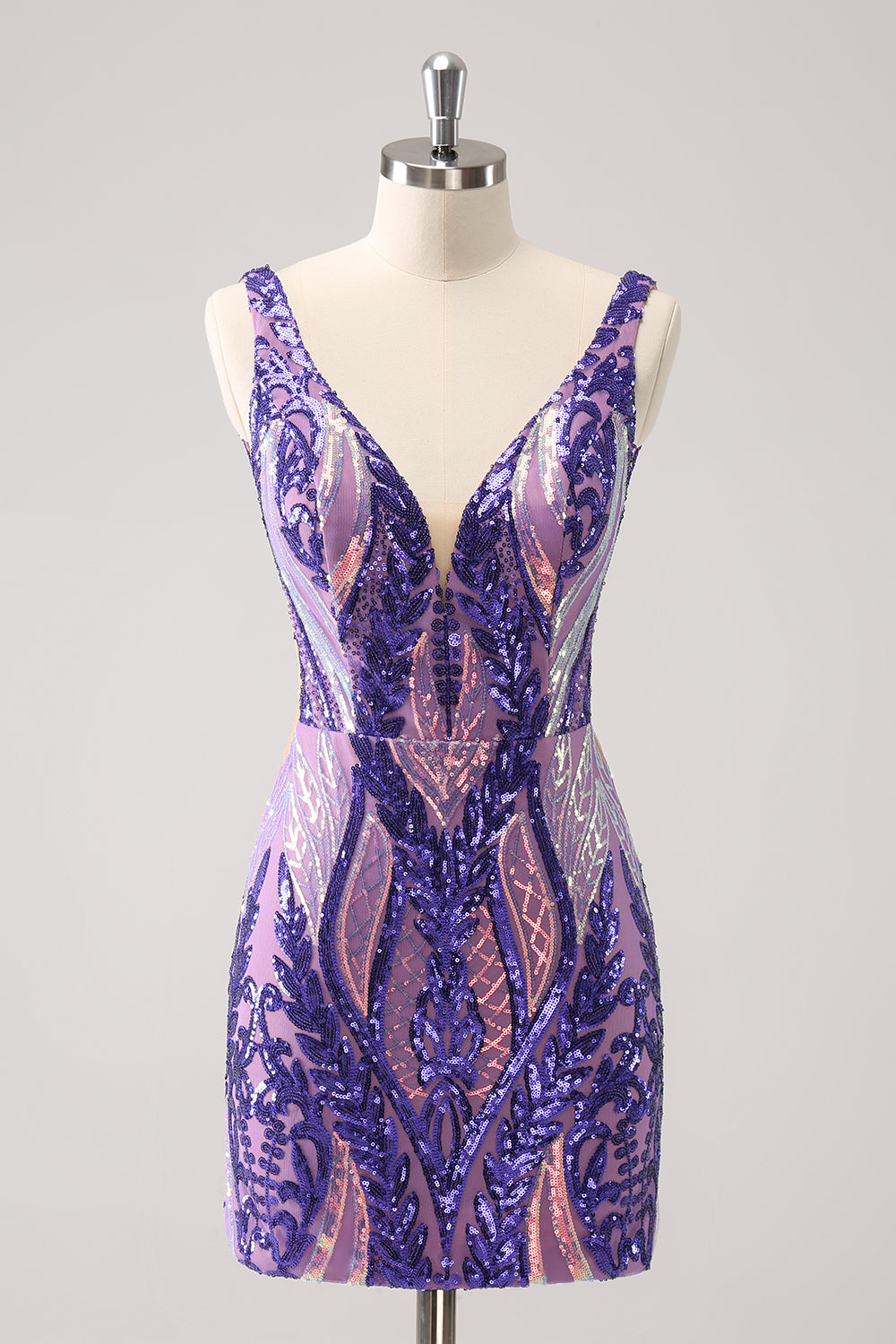 Sparkly Dark Purple V Neck Bodycon Sequins Homecoming Dress