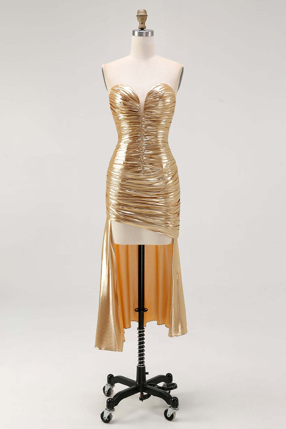 Sparkly Gold Metallic Sweetheart Ruched High-Low Cocktail Dress
