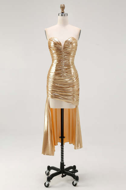 Sparkly Gold Metallic Sweetheart Ruched High-Low Cocktail Dress