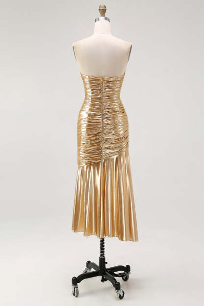 Sparkly Gold Metallic Sweetheart Ruched High-Low Cocktail Dress