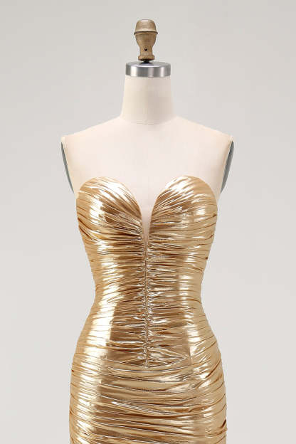 Sparkly Gold Metallic Sweetheart Ruched High-Low Cocktail Dress