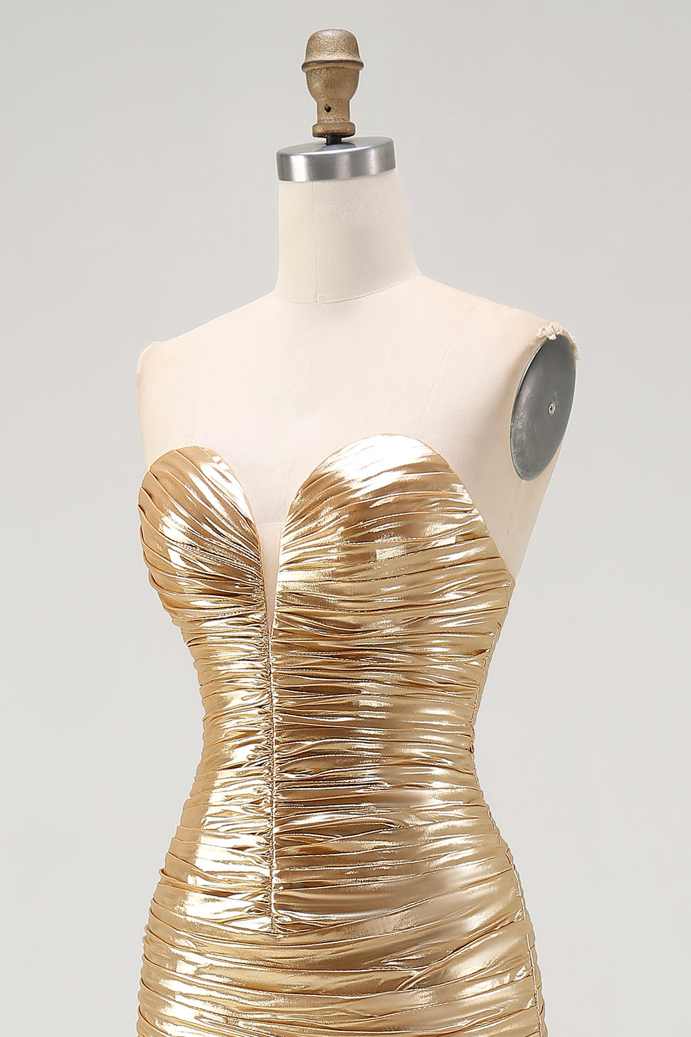Sparkly Gold Metallic Sweetheart Ruched High-Low Cocktail Dress