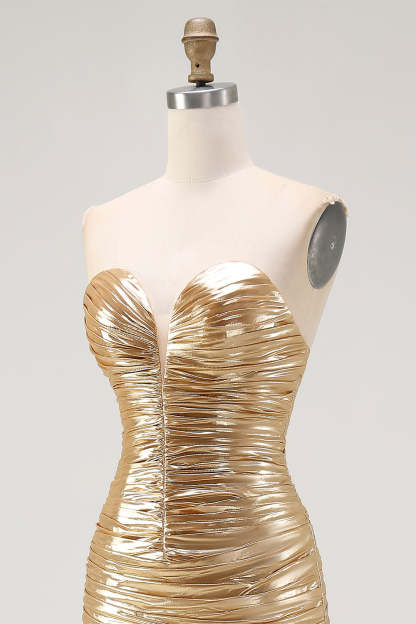 Sparkly Gold Metallic Sweetheart Ruched High-Low Cocktail Dress