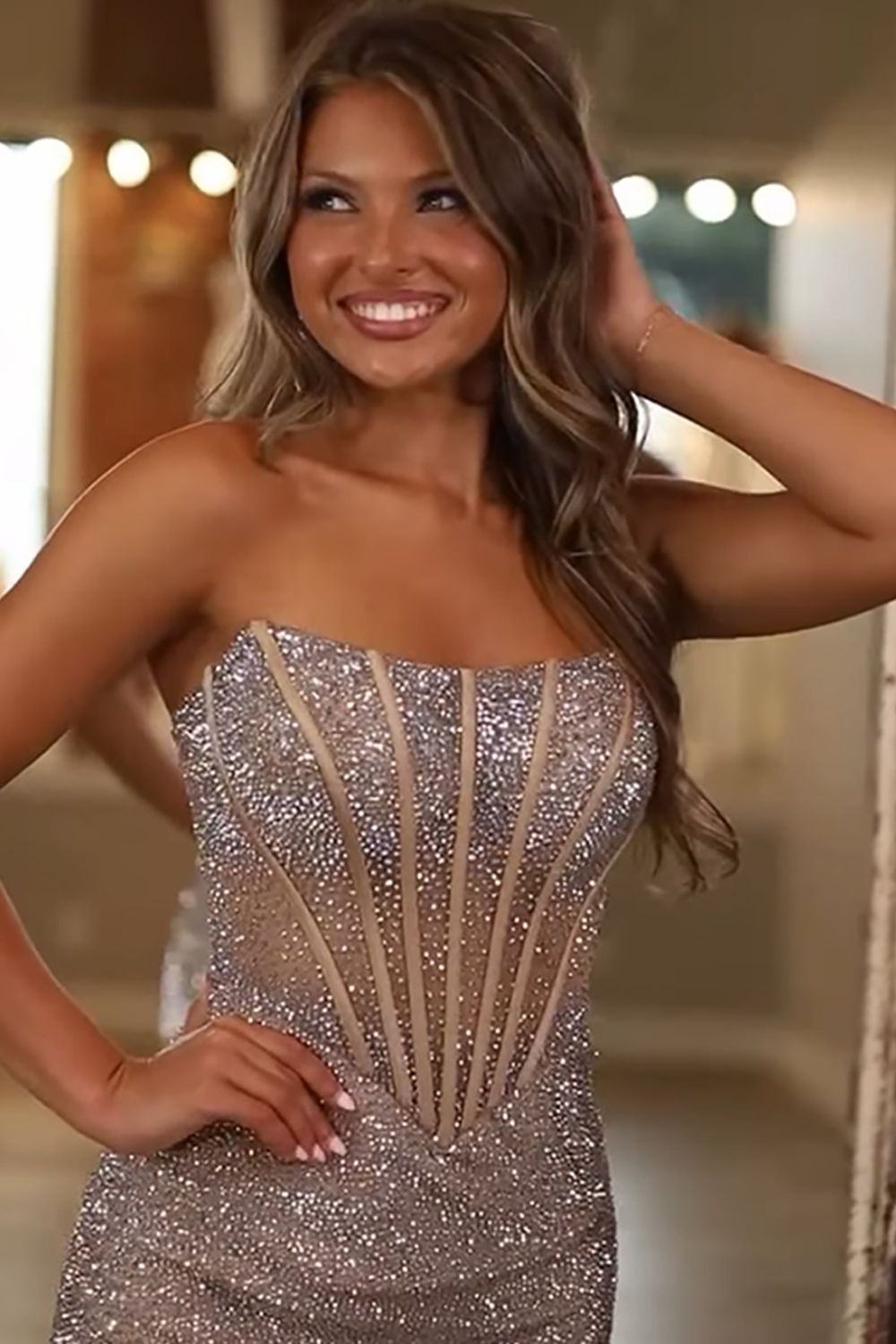 Sparkly Gold Tight Beaded Strapless Short Corset Homecoming Dress